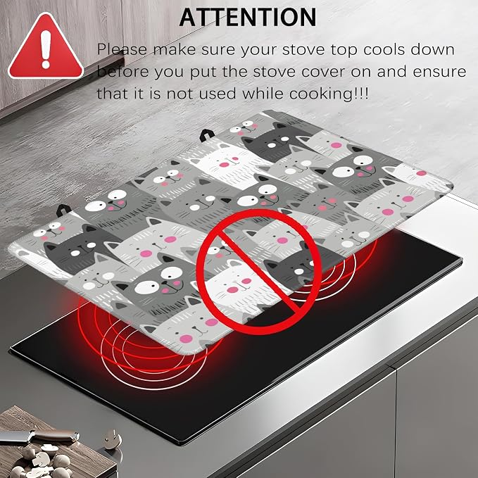 Electric Stove Top Cover Protector – Gray Cartoon Cat Glass Flat Top Stove Mat Oven Induction Cooktop Mat for Ceramic Countertop Mats Heat-Resistant Dish Drying Mat