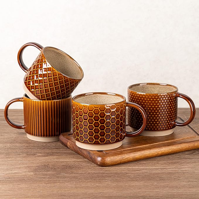 GBhome 15 OZ Stackable Coffee Mugs Set of 4, Ceramic Coffee Cups Set | 4 Assorted Designs, Embossed Mugs with Texture Patterns for Tea/Coffee, Dishwasher&Microwave Safe, Caramel