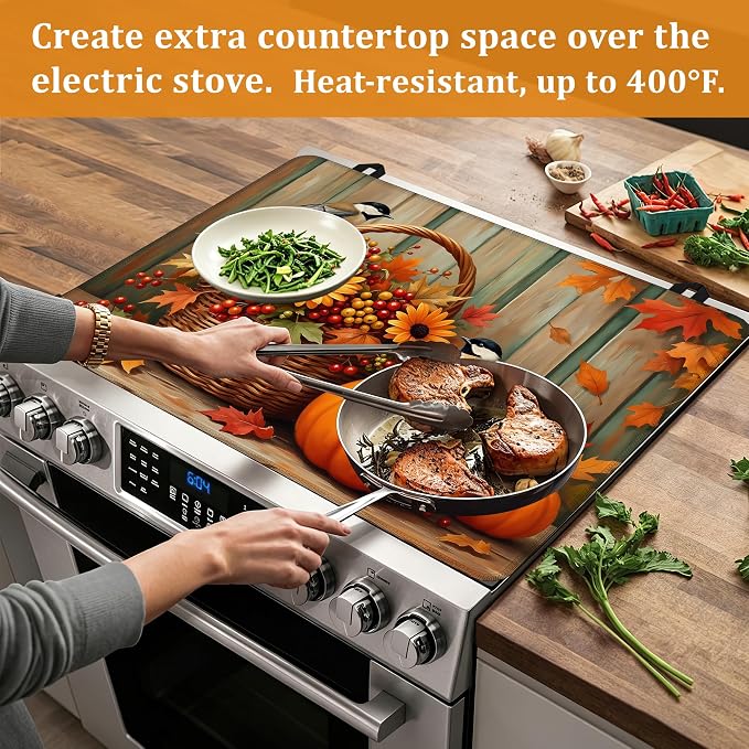Fall Flowers Pumpkin Glass Top Stove Cover Protector,Cute Bird Stove Top Covers for Electric Stove,Washable Heat Resistant Cooktop Mat Anti-Slip Range Covers, 28 x 20 Inch