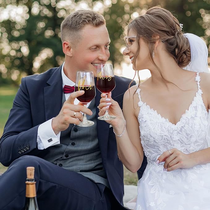 AW BRIDAL Mr and Mrs Wine Glasses Set of 2 for Engagement Bridal Shower | Wedding Gifts for Newlywed Couples 2026, Anniversary Wine Glass Gift Basket for Bride Groom and Fiance Fiancee