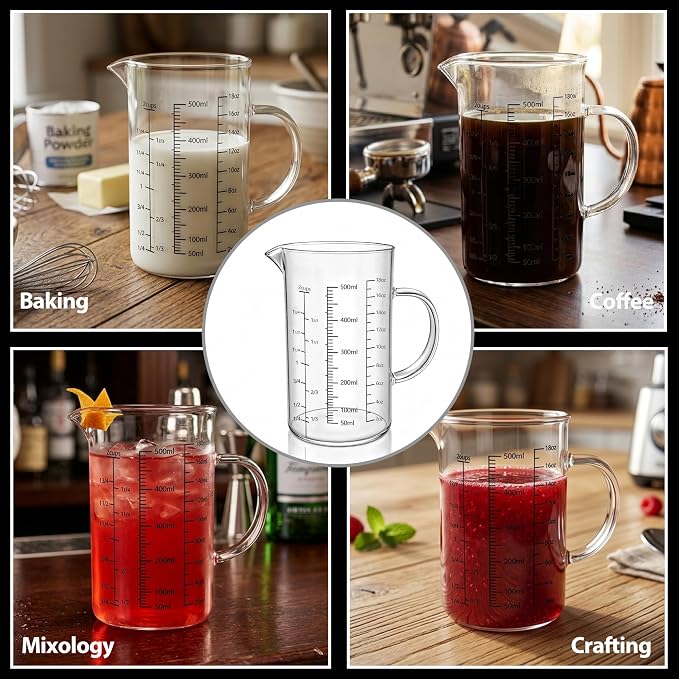 18 oz/500ml Glass Measuring Cup,OLULU 2 Cup Liquid Measuring Cup with 3 Measurement Scales (Cup/Oz/ml), Borosilicate Glass Measuring Cup with Handle & Spout for Baking, Cooking
