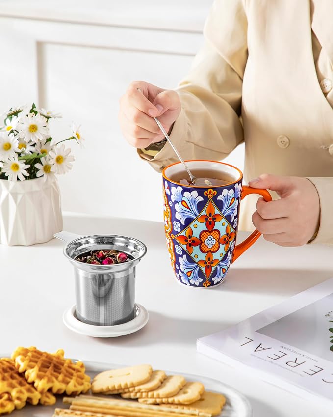 vancasso Ceramic Tea Mug with Infuser and Lid, 18 Ounce Bohemian Loose Leaf Cup, Microwave & Dishwasher Safe, Perfect for Tea, Coffee, Navy-Burnt Baroque