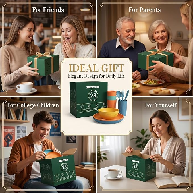 PYRMONT Wheat Straw Dinnerware Sets Unbreakable Dish Set for 4 Dishwasher & Microwave Safe Plates and Bowls Sets 28 PCS Alternative Plastic Dishes Set for Camping,Picnic,BBQ-Colorful