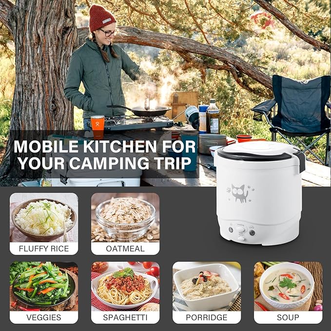 OSBA 12V Rice Cooker for Car 1L Mini Rice Cooker with Steamer, White | 2Cup Portable Travel Rice Cooker for 1-2 People, Cooking Heating & Auto Keeping Warm Function, Used as an Electric Lunch Box