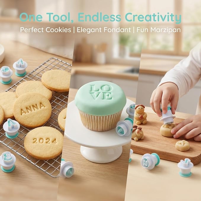 62 Pieces Fondant Alphabet Letter Cutters and Number Set, Cake Biscuit Mold Decorating Tools, Cookie Stamp Impress Embosser Plunger, Uppercase Lowercase Numbers Shape DIY Sugar Cookies