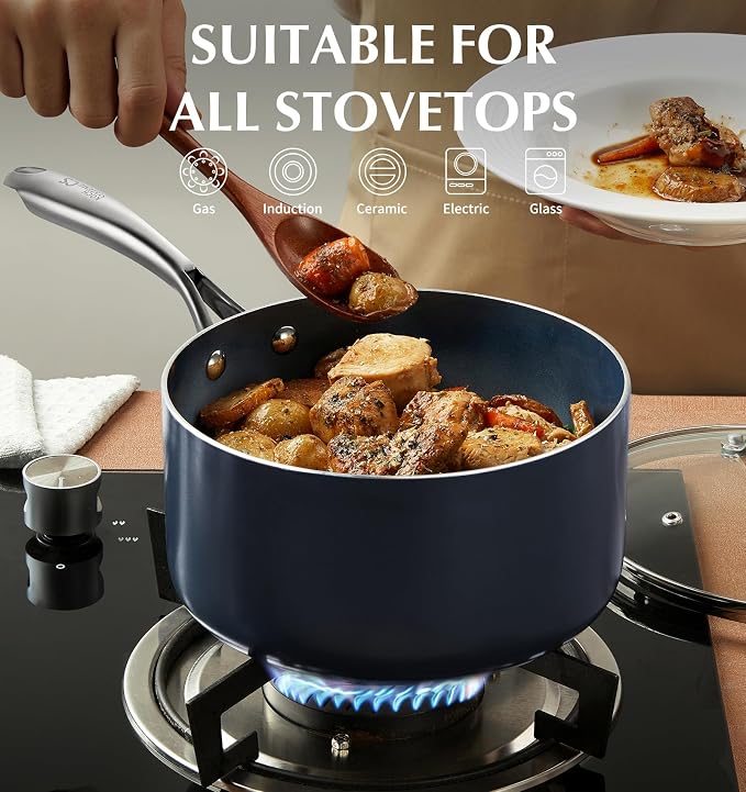 KOCH SYSTEME CS 4 QT Saucepan with Lid, 4 Quart Nonstick Ceramic Sauce pan with Stainless Steel Handle, Non-Toxic Cooking Pot, Induction Pot, Oven Safe, Compatible for All Stove Top, Gradient Blue