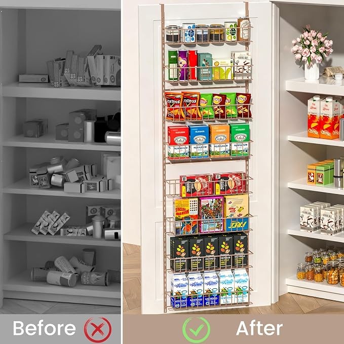 ElegantArray 8-Tier Pantry Door Organizer, Brown | Over The Door Pantry Organizer Rack and Storage, Hanging Spice Rack Shelves Door, Home Office Laundry Room Bathroom & Kitchen