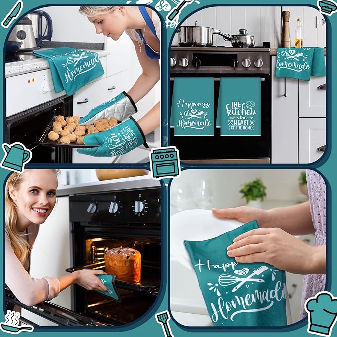 Sratte 6 Pcs Kitchen Decor Accessories Set, Kitchen, Teal | Farmhouse Kitchen Towels Pot Holders Oven Mitts Set 2 Dish Towels 2 Potholders 2 Cooking Mittens for Baking Cooking Supply