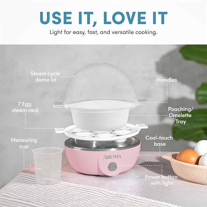 AROMA® Overly Easy Egg Cooker, Steamer, and Electric Egg Poacher | XL Capacity Egg Steamer Fits 7 Eggs