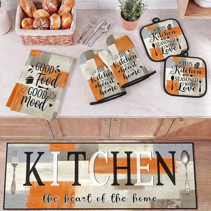 10 Pcs Kitchen Decor and Accessories Set, Orange Beige | 4 Dish Towels Kitchen Rugs 2 Oven Mitts 2 Pot Holders, Home Decor for Cooking Baking BBQ Gifts Women Mom Housewarming