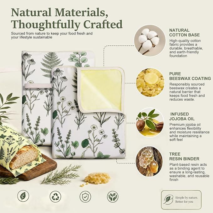 Reusable Beeswax Bread Bags & Wraps Set - 2 XL Sourdough Bags (17“x13") | Bread Bags with Wide Zipper & Handle3 Beeswax Wraps for food, Cheese, Fruit, Veggie - Breathable Bread Storage, 5 Pack