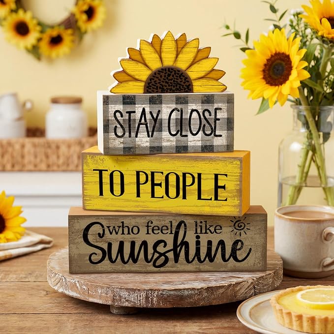 Lineshading 4 Pcs Sunflower Wooden Block Signs Farmhouse Tabletop Decor | Rustic Tiered Tray Decor for Home, Indoor Summer Table Decorations with Inspirational Quote, Farmhouse Gift