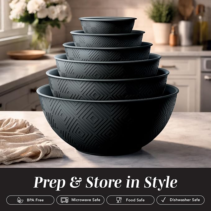 COOK WITH COLOR Mixing Bowls with Lids - 12 Piece Plastic Nesting Bowls Set includes 6 Prep Bowls and 6 Lids, Microwave Safe Mixing Bowl Set, Black Rhombus