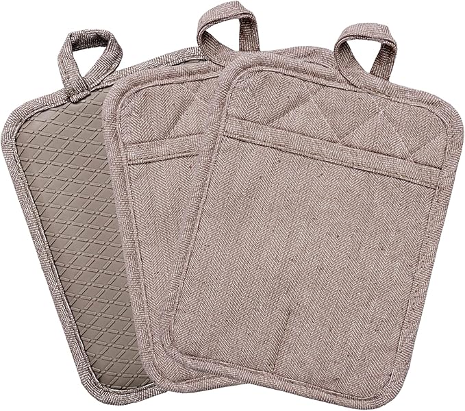 Pot Holders Yarn-Dyed Set of 3 Non Slip Silicone Kitchen Lines | Heat Resistant 500℉ Kitchen Gloves BBQ Cooking Baking Women Men Cooking Barbecue Microwave Machine Washable (Khaki potholder)