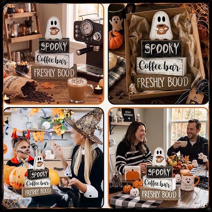 Lineshading 4 Pcs Halloween Coffee Bar Decor Wooden Ghost Block Signs | Farmhouse Tiered Tray Decorations, Rustic Tabletop Home Decor, Spooky Ghost Theme, Stacked Wood Blocks for Kitchen