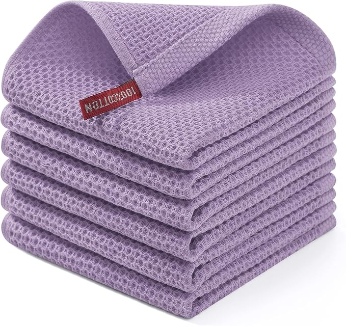 Homaxy 100% Cotton Waffle Weave Kitchen Dish Cloths 6-Pack, Lavender | 12 x 12 Inches, Ultra Soft Absorbent Dish Towels, Quick Drying Dish Rags with Hanging Loop