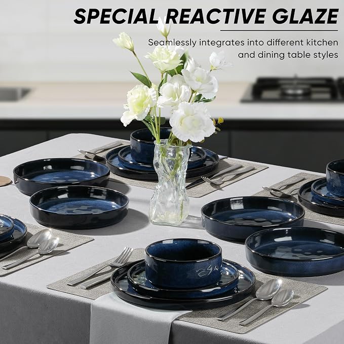 E-far Stoneware Dinnerware Set, 16-Piece Plates and Bowls Sets for 4 | Modern Dishes for Kitchen Dining, Reactive Glazing Ripple Design, Chip Resistant, Microwave & Dishwasher Safe, Starry Blue