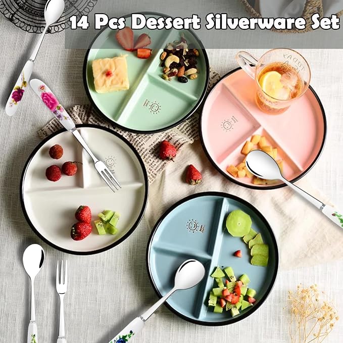 14 Pcs Dessert Forks and Spoons Silverware Set,Stainless Steel | Cutlery Forks,Mini Coffee Spoons Pastry Forks with Porcelain Handles,Cake Fork Tea Spoons for Dessert Appetizers,Salad,Fruit