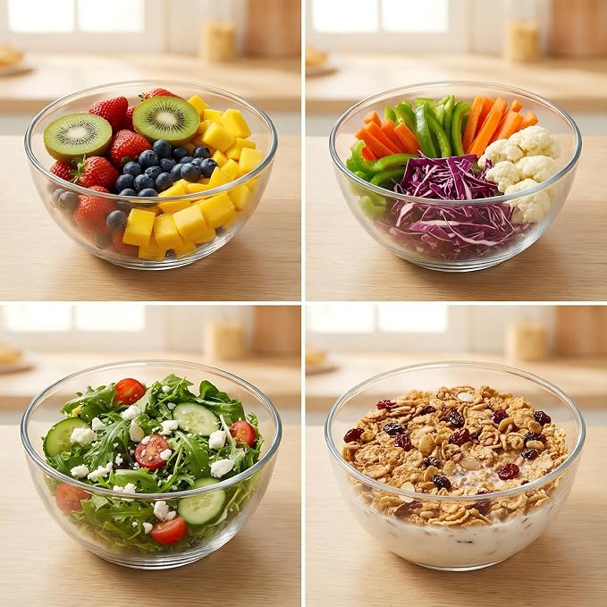 Borosilicate Glass Bowls, Set of 4 (1.1 QT Each) - Heavy-Duty, Scratch Resistant & Lead-Free. Oven, Microwave, Dishwasher & Freezer Safe. Perfect for Meal Prep, Baking, Serving, Entertaining