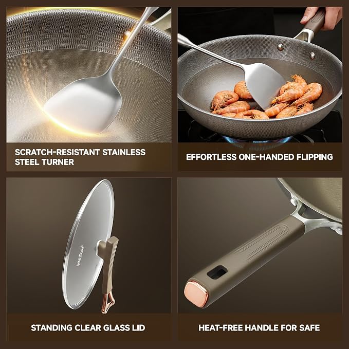 13" Titanium Wok Pan with Lid,Non-stick Flat Bottom Titanium | PFAS & PFOA free,Non-toxic, Fits induction & gas stoves,Traditional Chinese Pan for Stir Fry