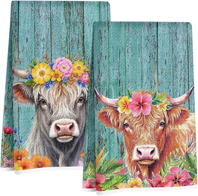 Jztco 2 Pcs Cow Kitchen Towels, Rustic Flower Soft Absorbent Hand Towels | Microfiber Dish Cloths for Drying Dishes, Waffle Dish Towels for Kitchen Bathroom Decor, Cow Gifts for Women