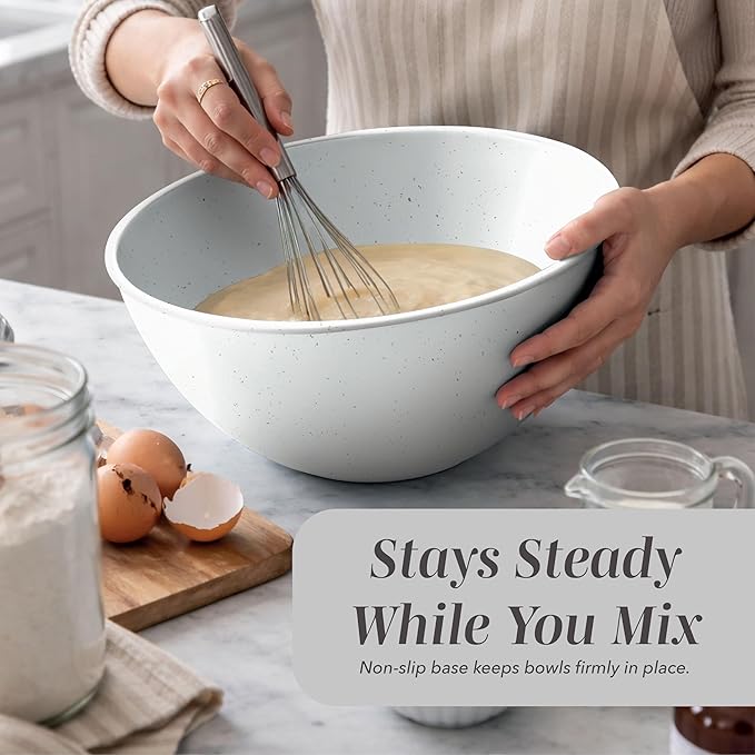 COOK WITH COLOR Mixing Bowls with TPR Lids - 12 Piece Plastic Nesting Bowls Set includes 6 Prep Bowls and 6 Lids, Microwave Safe Mixing Bowl Set (Speckled White)