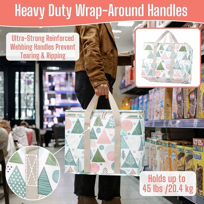VENO 2 Pack Insulated Cooler Bag for Food Delivery, Reusable Grocery Bag | Heavy Duty Large Collapsible Cooler Shopping Tote w/ Zippers, Foldable, Stands Upright for Camping (Pastel Forest, 2 Pack)