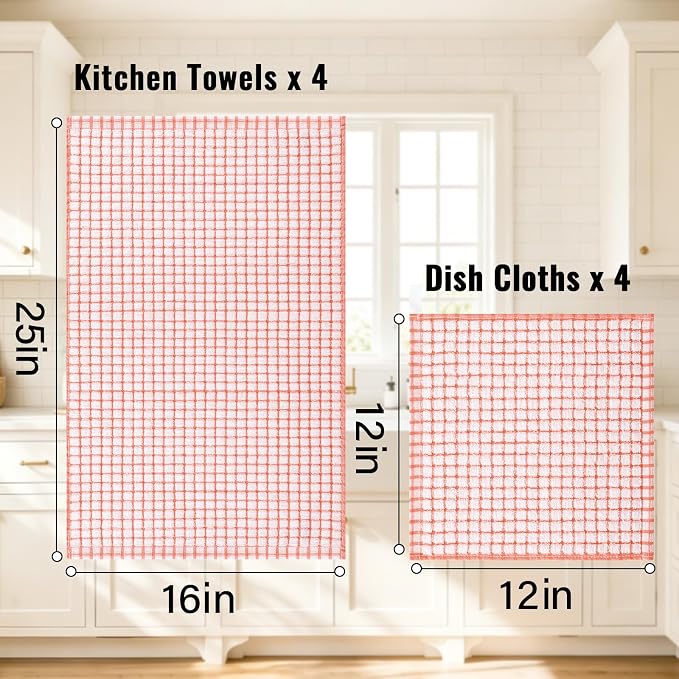 Homaxy Kitchen Towels and Dishcloths Set, Set of 8, Coral | Cotton Terry Kitchen Dish Towels, Super Soft and Absorbent Dish Cloths, 16 x 25 and 12 x 12 Inches