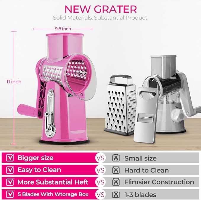 SUSTEAS Rotary Cheese Grater 5 Blades,Kitchen Mandoline Vegetable Slicer | Easy to Clean, Strong Suction Base, Blades Storage Box, Round Mandoline Slicer & Food Chopper for Cheese,Salad,Nut, Pink