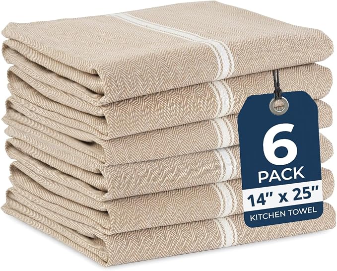 LANE LINEN Kitchen Towels Set - 100% Pure Cotton Dish Towels for Kitchen, Super Absorbent Kitchen Hand Towel, Tea Towels, Soft & Durable Dish Cloths, Pack of 6 – 14”x25”, Beige