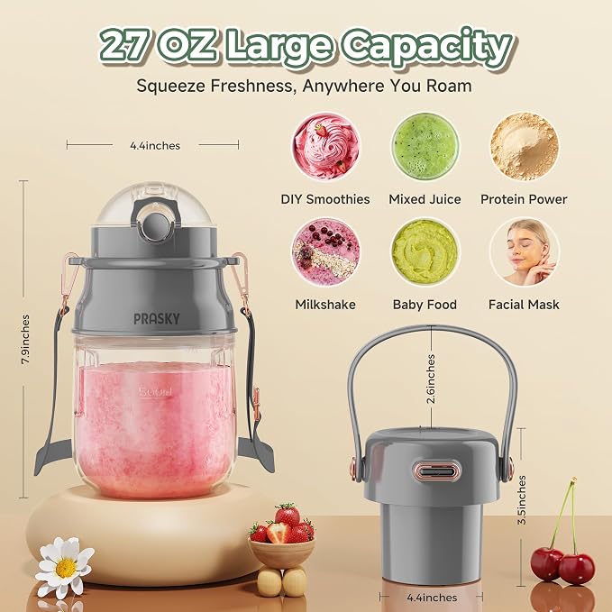 Portable Blender, 27oz Personal Blender for Smoothies & Protein Shakes with 70W Motor & Smart Lock, USB-C Rechargeable, BPA-Free for Travel/Office/Home/Gym Drink Mixer with Strap, Prasky (Light Gray) | Personal Size Blender for Smoothies, USB-C Recharg...