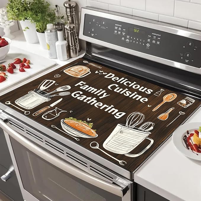 HOMETITUTE Stove Top Covers for Electric Stove Heat Resistant 28x20 Inch Glass Cooktop Protector Counter Mat Kitchen Decorations Dish Drying Mat Wooden Style Delicious Cuisine Design
