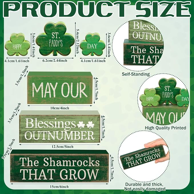 Lineshading 4 Pcs Wooden Shamrocks Block Signs Farmhouse Tiered Tray | Rustic Tabletop Decoration, Stacking Design with Shamrock Cutouts, Irish Blessings Message, St. Patrick's Day Display