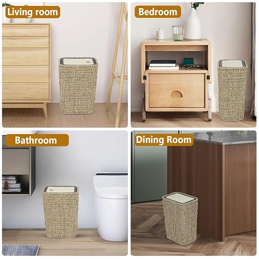 Trongee Boho Trash Can with Lid,3 Gallon Small Rattan Trash Can with Press Top Lid,Slim Wicker Waste Basket and Hamper 2 in 1 for Bathroom,Seagrass Woven Garbage Can Trash Basket for Bathroom,Kitchen