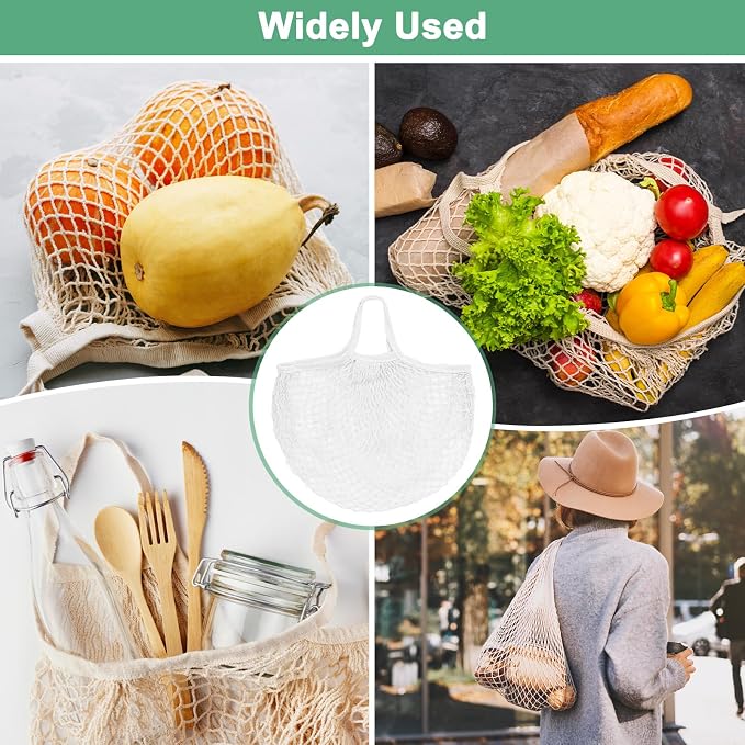 M METERXITY 2-Pack Cotton Mesh Bag, Reusable Washable Mesh Net String Grocery Bags, Reusable Produce Bags with Handle, Net Tote Bag for Fruits/Vegetables Shopping [White, Long&Short Handle]