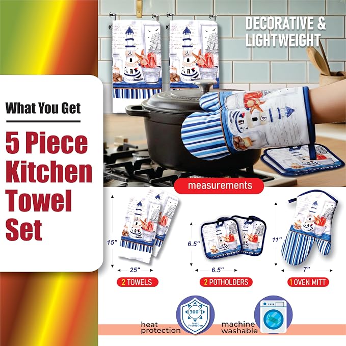 Nautical Lighthouse 5 Piece Kitchen Towel Set | Kitchen Towel Set with 2 Decorative Dish Towels (25 X15), 1 Oven Mitt (11 X 7) and 2 Potholders (6.5 X 6.5)