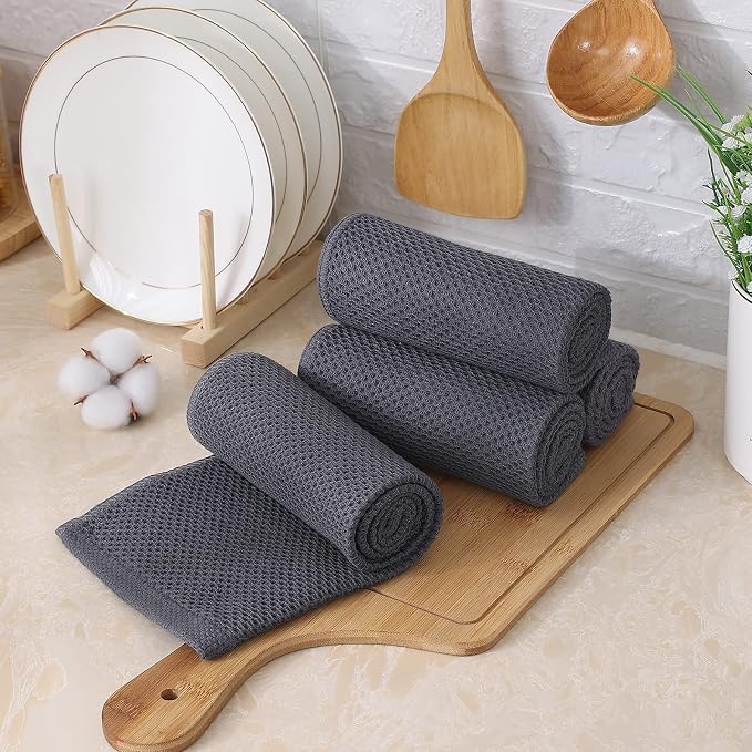 Kitinjoy 100% Cotton Waffle 6-Pack Kitchen Towels, 13" x 28", Dark Grey | Super Soft, Ultra-Absorbent, Fast Drying, lightweight, Quick Drying Kitchen Hand Towels