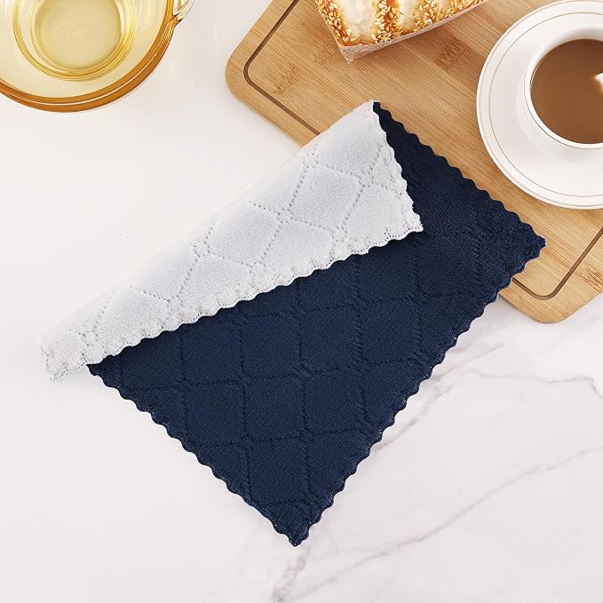 Homaxy 12 Pack Super Soft Dish Cloths, 10" x 10", Navy Blue & White | Coral Velvet, Nonstick Oil Fast Drying Microfiber Cleaning Cloth, No Lint Household Dishcloths