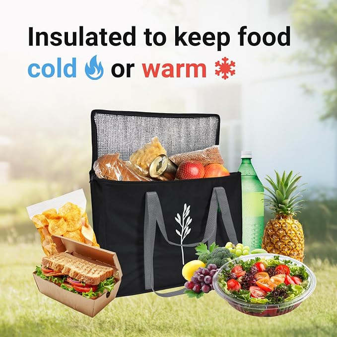 Green Bulldog 2Pack Insulated Grocery Bags – Foldable Reusable Cooler Bags with Handles for Everyday Use, Groceries, Food Delivery, and Shopping – 16”x9”x13”, Black