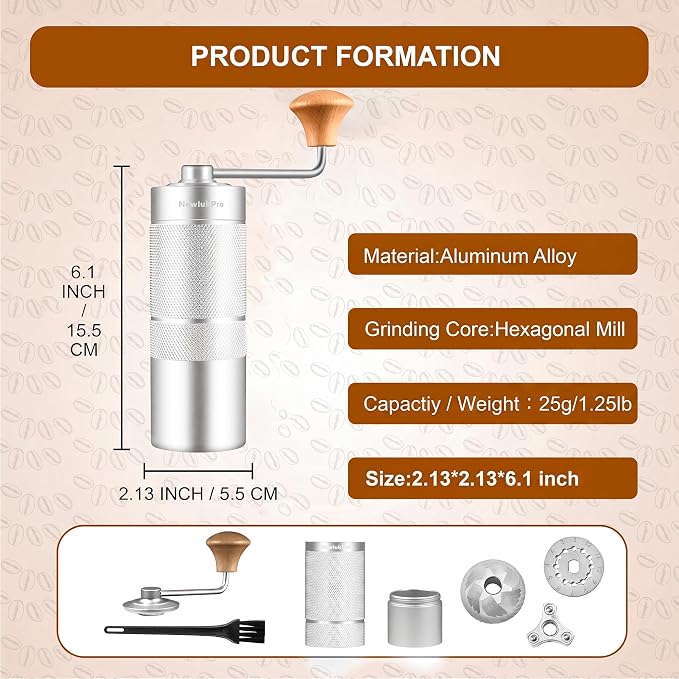 M6 Manual Coffee Grinder for Espresso Pour Over French Press Moka | Conical Burr,24 Adjustable Settings,All-Metal Body,Portable Hand Grinder for Travel,Camping,Home & Office,25g Capacity