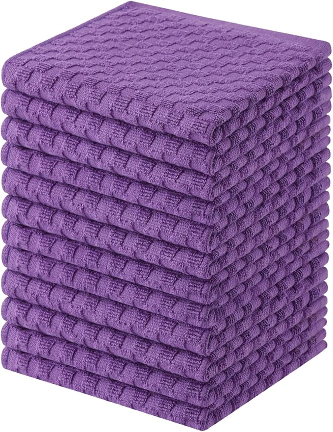 Homaxy 100% Cotton Terry Dish Cloths, 12"x12", 12-Pack, Purple | Ultra Soft Absorbent Dish Towels with Hanging Loop, Pineapple Grid Designed