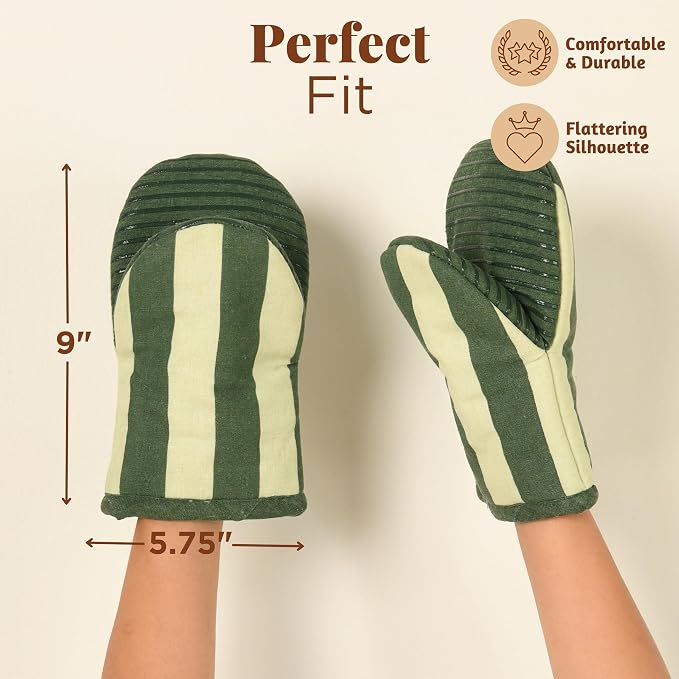 Folkulture Oven Mitts, Matcha Green, Set of 2, Heat Resistant - (5.75"x9") | 100% Cotton, Non Slip, Silicone, Cute Striped Mini Mits with Hanging Loop, Kitchen Décor, Cooking Gifts, New Home Essentials