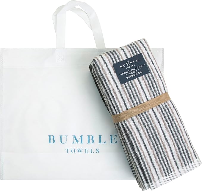 Bumble Kitchen Towels 6 Pack 100% Cotton 16"x26" - Grey Wide Stripe | 430 GSM Soft Kitchen Hand Towels with Hanging Loop, Highly Absorbent & Durable for Washing and Drying Dishes