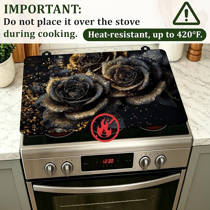 Black Gold Rose Stove Top Cover for Electric Stove 28.5"x 20.5",Heat Resistant Glass Top Stove Cover Protector,Glass Cooktop Covers, Kitchen Flat Electric Stove Top Covers