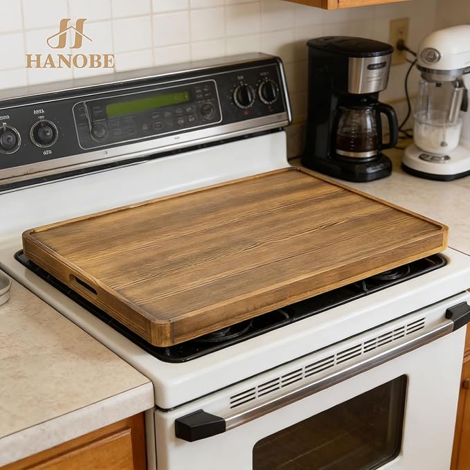 Hanobe 30” Wood Noodle Board Electric Gas Stove Cover | Large Wooden Stove Top Boards with Handles for Home Kitchen RV