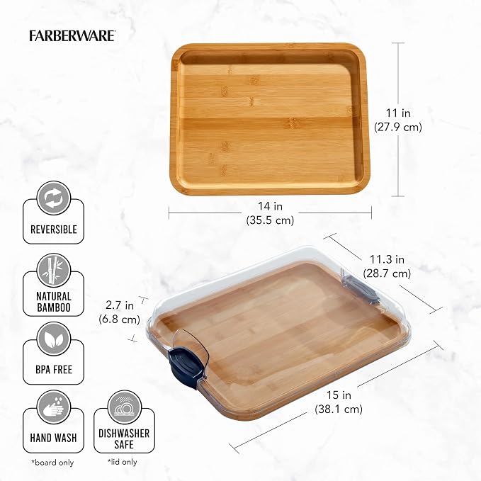 Farberware Bamboo Cutting Board with Clear Locking Lid, 11x14 Inches - Charcuterie Board with Recessed Handles, Raised Edges, Reversible Surface - Make It, Take It, Enjoy It