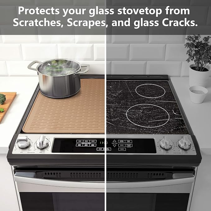 YUHFERA Stove Top Cover for Electric Stove - Silicone Stove Mat for Glass Top, Glass Cooktop Protector, XL Dish Drying Mats For Kitchen,Oven Covers for Electric Stove (Caramel,28 x 20)