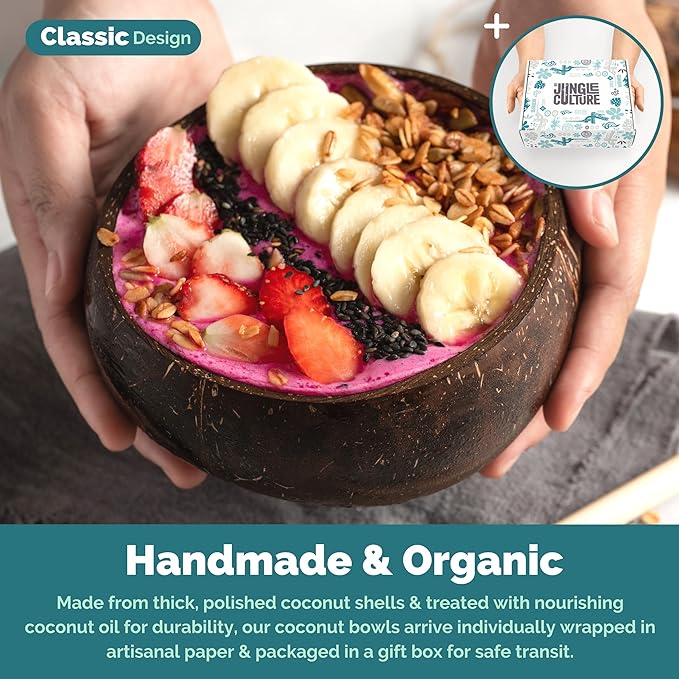 Jungle Culture 4 Polished Coconut Bowl & Wooden Spoons Set with Bamboo Straws • Smoothie Bowls Ideal for Ninja Creami • Healthy Yoghurt & Acai Bowls • Natural Coco Shell Eco Friendly Vegan Gifts