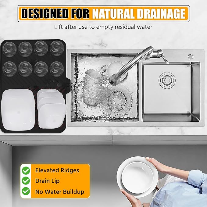 Silicone Dish Drying Mat with Built-in Drain Lip - Hygienic Drying Pad - Sturdy Compact Easy to Clean Tray Protects Surfaces Prevents Water Build Up - 23 X 17 (Black)