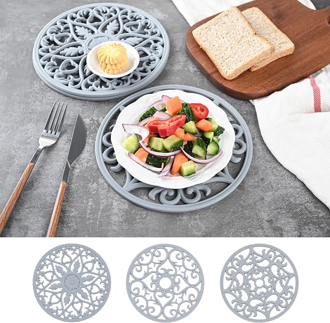 Silicone Trivets Mats for Hot Pots and Pans, Multi Purpose Trivets Mat -Heat Resistant Silicone Trivet Intricately Carved Hot Pads Set of 6 (C: Style 1-Light Grey)